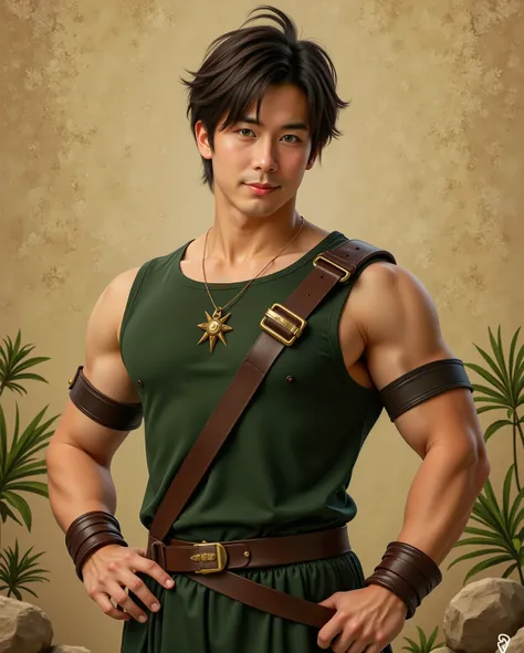 "Create a realistic interpretation of Bolin, a muscular and athletic young man with short, dark brown hair and warm green eyes. His round face has a kind and approachable expression, highlighted by his charismatic smile. He wears a dark green Earth Kingdom...