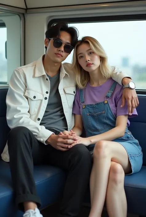 Professional photo, handsome Korean man, trendy neat hair, perfect skin wearing Aviator sunglasses, white denim jacket and black cargo pants. white sneakers, embracing Beautiful Korean woman, shoulder length blonde hair, wearing a purple t-shirt, short den...