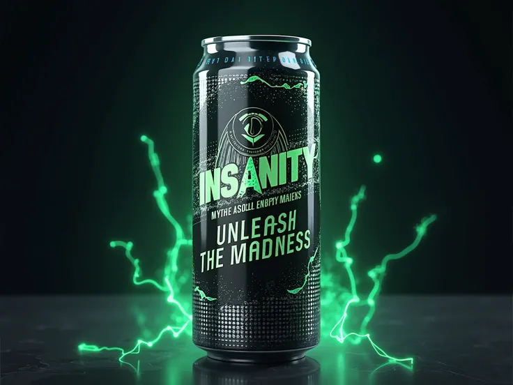  Create a realistic image of an energy can marked 'Insanity Energy Drink'.  The can must have a standard size  (about 500ml )  and present a bold and energetic design .  Use metallic tones such as black and gray combined with vibrant elements ,  such as ne...