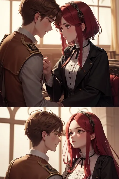 European medieval background, A commoner boy with light brown hair and red eyes and a wealthy aristocrat girl with maroon hair and black eyes. They're both in their late teens. They're facing each other.