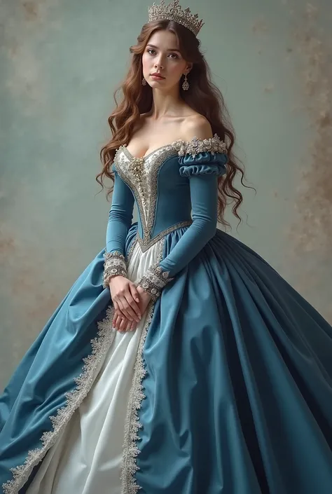 I would like an image of this woman, a Victorian ball gown in blue and white., And a crown on her head and her long, loose brown hair 