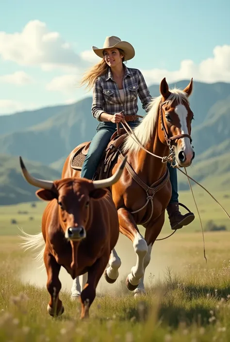  girl 25 years old,  light blond hair, cowboy hat, open plaid shirt  ,boots ,Riding a horse on the meadow ,With ropes tying a cow 