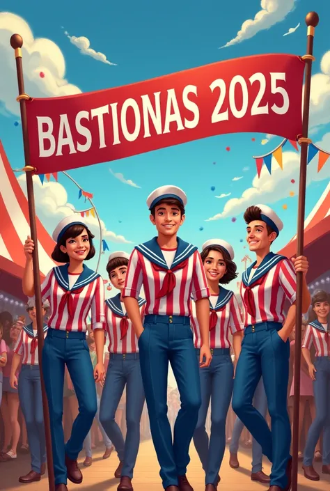 I want to create a carnival image in which the theme is the Sailors and the name of the group has to appear Bastionas 2025
Are they really sailor clothes with red and blue stripes