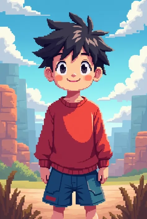 Make a boy of Japanese descent who loves the game Brawl Stars he has to wear a red long sleeve shirt and blue shorts. He has to be in a pixelated place and he also has to be pixelated.