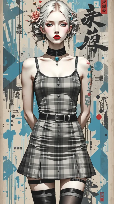 style retro classic, master piece:1.5、(minimal art), woman、silence、An ennui look、Densely drawn, plaid tank top, huge breasts, portrait, thin waist, plaid mini skirt, thigh highs, slender legs, sexy, arms behind back, 