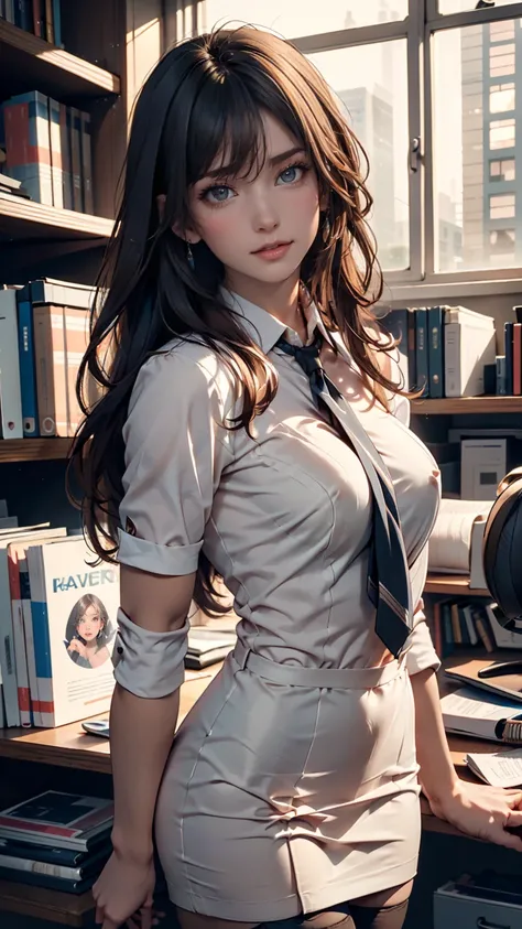  best quality,  full body portrait , delicate face,  beautiful face,  big eyes: 1.1, compensate: 1.2,   25 year old woman with extended breasts ,  slender body,  small bust, Office Lady Uniform,  depicts women's white collar uniform ,  Office Uniform ,  bl...