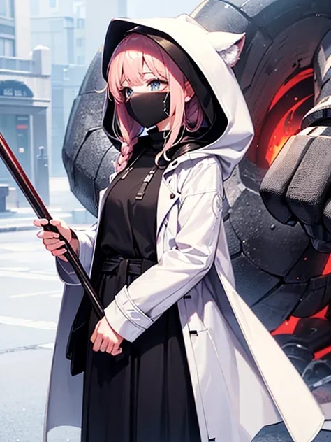 Beautiful girl wearing a white food coat、 petite and slender 、Wear a hood to hide your face、 standing、Beautiful girl wearing a white food coat carrying a large scythe with one hand 、Defeating monsters！
