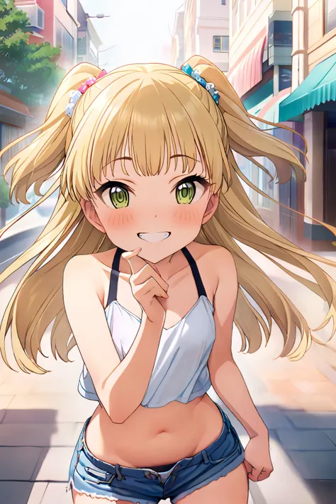 NSFW,masterpiece, best quality, high resolution, very detailed,Rika Jogasaki、Petite、 long hair、 blonde hair、 two side up、bangs、 hair ornament、 green eyes、 small breasts, jacket , tank top, Crop Top , denim shorts that show your stomach just a little,Groin,...
