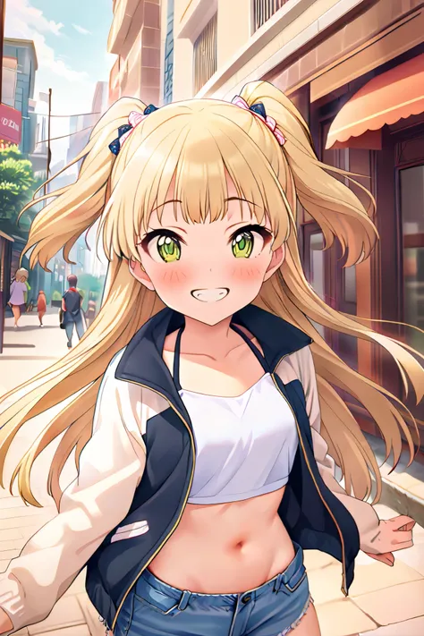 NSFW,masterpiece, best quality, high resolution, very detailed,Rika Jogasaki、Petite、 long hair、 blonde hair、 two side up、bangs、 hair ornament、 green eyes、 small breasts, jacket , tank top, Crop Top , denim shorts that show your stomach just a little,Groin,...