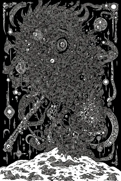 白色背景に黒色のインクで描かれた杖をついたひとつ目の怪物🧌の絵, inspired screen print  ,  mixed style , white ink sketch on black paper,  graphic details ,  Indigenous Carvings , 高コントラストのWoodblock print, black and white sculpture ,  Delicate ink drawing details , on black paper,  extrem...