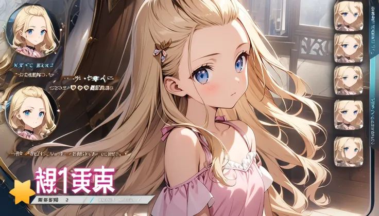 " blonde hair, Loose wavy hair,  long hair, blue eyes, bangs,  shoulders with chocolate, parted bangs, high resolution images, Official Art, Alone, 1 girl, Age: 15, プリンセス, bangs pinned back , small breasts, pink outfit, Masterpiece.", チャート, カットイン,  best qu...