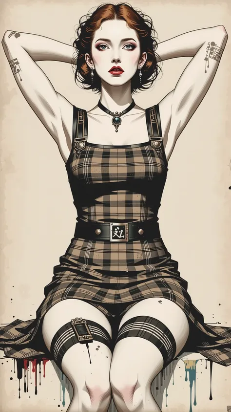 style retro classic, master piece:1.5、(minimal art, line drawing), woman、silence、An ennui look、Densely drawn, plaid tank top, huge breasts, portrait, thin waist, plaid mini skirt, thigh highs, slender legs, sexy, arms behind back, sitting, legs spread,