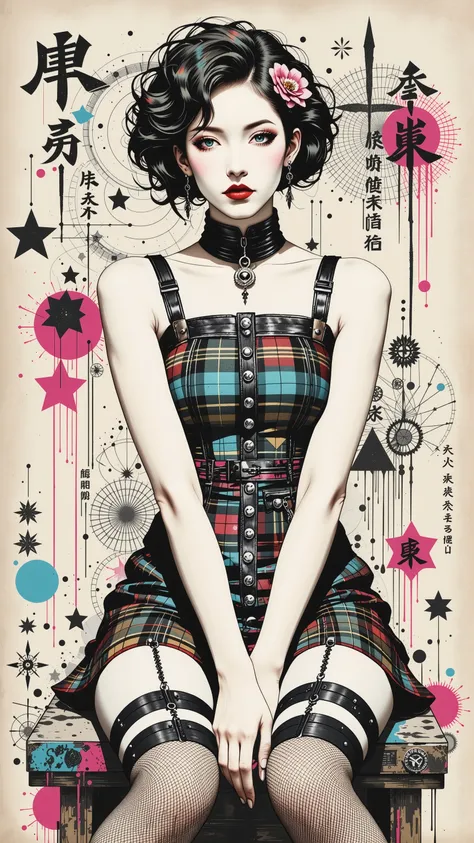 style retro classic, master piece:1.5、(minimal art, line drawing), woman、silence、An ennui look、Densely drawn, plaid tank top, huge breasts, portrait, thin waist, plaid mini skirt, thigh highs, slender legs, sexy, arms behind back, sitting, legs spread, 