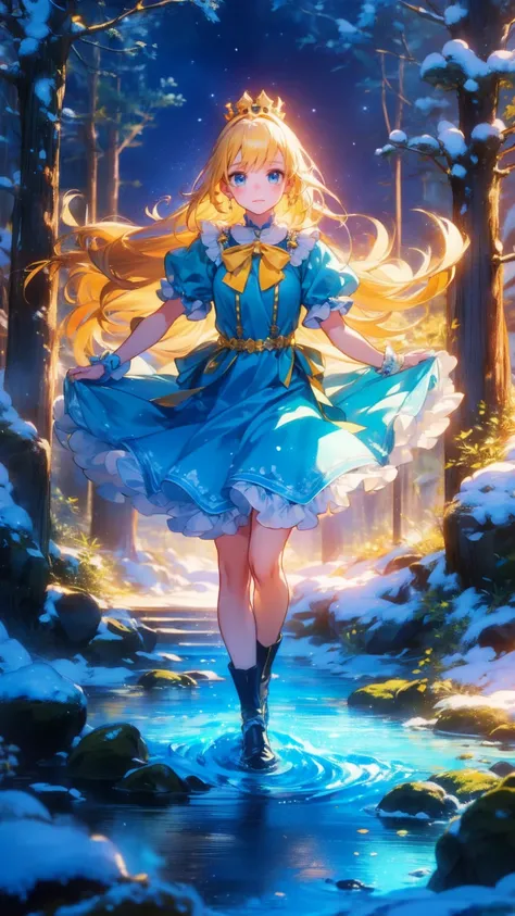 長い白い dress に流れるような青いアクセントを持つ美しい若い雪の女神,  Standing in a Snowy Forest ,  Long flowing white hair dancing around her ,  Sparkling Spiritual Wind Spirit ,  gentle face , 美しい細部まで描き込まれたeye,  lips with beautiful details, 非常に detailed face, long eyelashes,  calm ex...