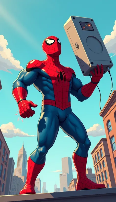 "A playful scene of Spider-Man trying to recharge his web shooter with a giant, comically oversized power bank."