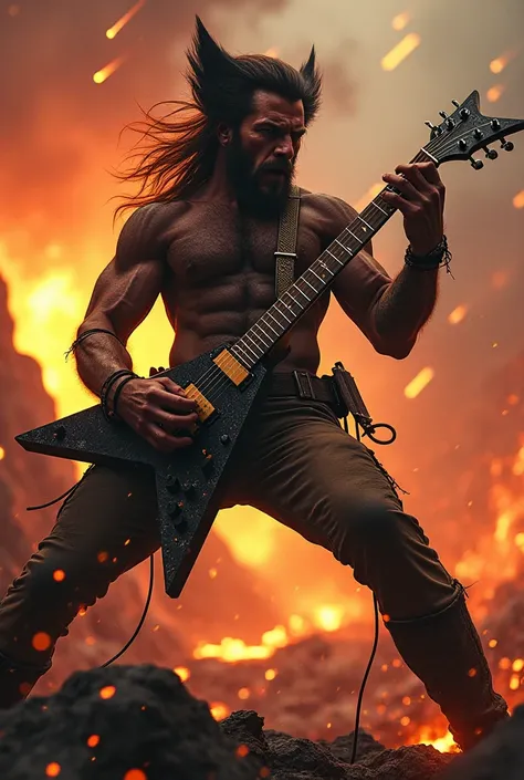 Imagine the character Volverine playing the heavy metal guitar madly, He is in an environment of volcanic lava and meteors falling from the sky with a cinematographic production 