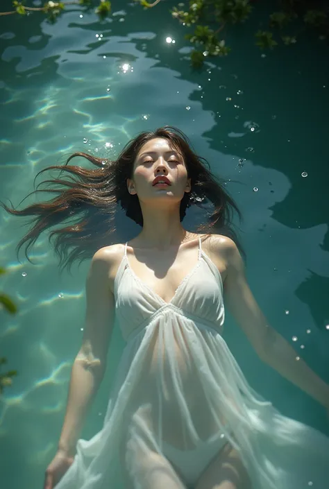 Woman submerged in water ,  beautiful woman ,  submerged and lying on the water 