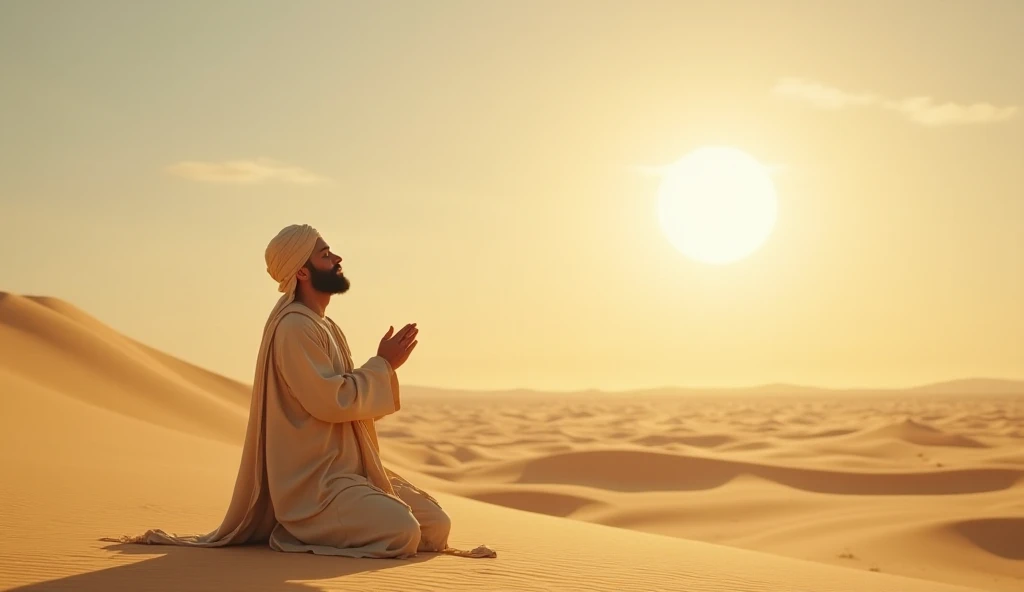 A wide-angle scene in a serene desert with bright sunlight, the sun prominently visible in the sky, and a thin crescent moon symbolizing Islam positioned beside it. A slightly younger, nur-faced man with a neatly groomed, moderately long beard, wearing a t...