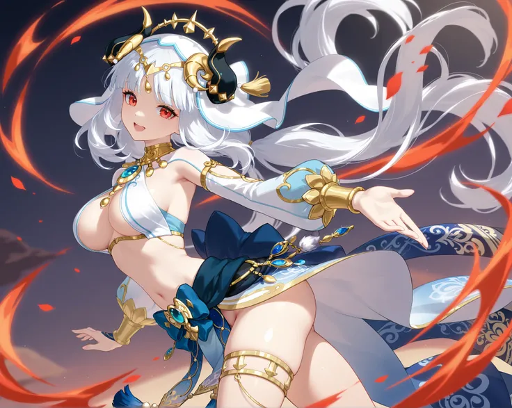  Nilou、 high resolution、 Super Fine、 beautiful breasts 、、 whole body、 ,  happy、 Fox hair ornament、 Genshin Impact 、 beautiful thighs、 red eyes、 white hair