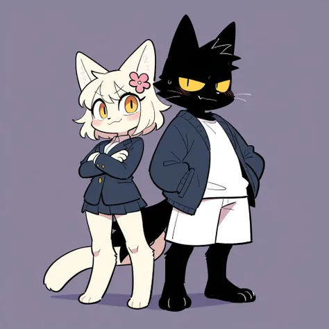 1boy, 1girl, a cat boy\(black fur, 1 fang, blush, furry, furry male, yellow eyes\) and a cat girl\(white fur, blush, furry, furry female, flower hair ornament\) are standing back to back, crossed arms, leaning against each other, full body, standing, smili...