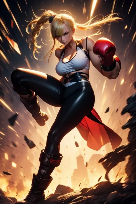 Camy street fighter, big tits, one piece swimsuit green tight, army boots black, beret red, robot leg, blonde hair, toned, 2 braided pigtails down, kick boxer fighting stance, knee up, sparing gloves red,