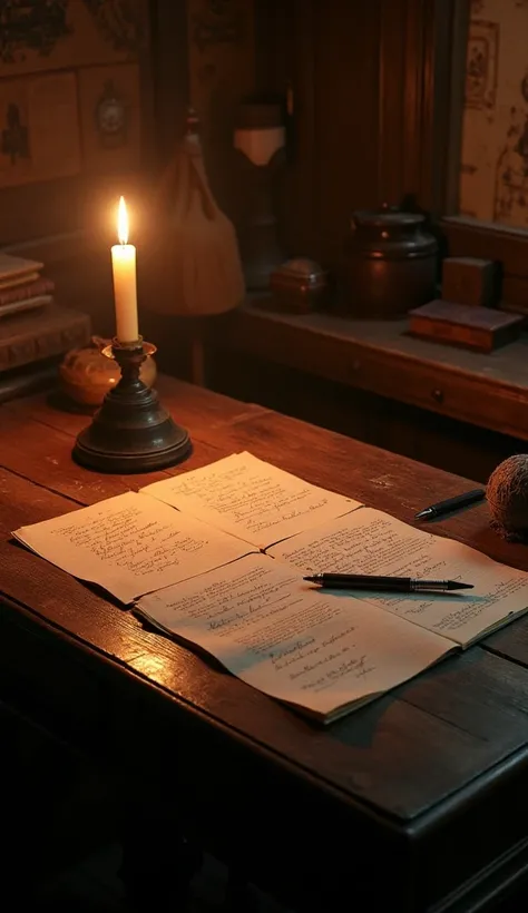 "An old desk with Bell’s handwritten notes, sketches of the telephone, and a vintage quill pen under soft candlelight."