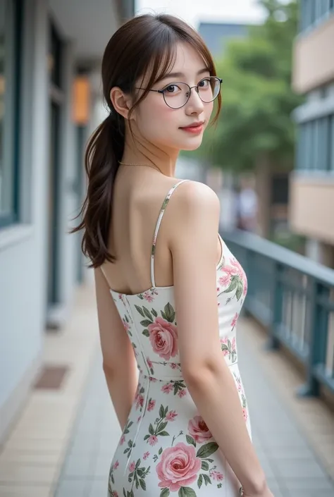 A 23 year old young beautiful female teacher wearing a floral thin strap dress,   Black Stockings  ,  heels,  Slim Fit, medium bust,  medium length hair ,   Wearing Glasses  ,  Chinese ,Chinese，Real People， very fine skin ，Ultra-realistic，Realistic， Dramat...