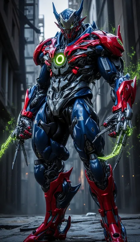 This fusion gives Spider-Man a metallic, battle-suit resembling Lex Luthor’s armor, but with the red and blue Spider-Man colors incorporated into it. The suit is sleek, futuristic, and powerful, with green energy emitting from the chest plate, and Spider-M...