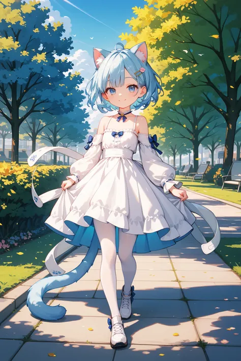 4k anime style, Smooth anime CG, 8k anime, Best quality, High resolution,Superdetail,Perfect light,Young Anime,high 150 cm,chibi,She has short Hair,cropped,Off the shoulder,light blue hair,  hair clip,Beautiful light blue eyes,small chest,light blue Cat ea...