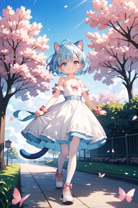 4k anime style, Smooth anime CG, 8k anime, Best quality, High resolution,Superdetail,Perfect light,Young Anime,high 150 cm,chibi,She has short Hair,cropped,Off the shoulder,light blue hair,  hair clip,Beautiful light blue eyes,small chest,light blue Cat ea...