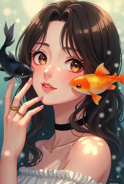 Anime-style illustration of a beautiful young woman with long, wavy dark brown hair and striking hazel ejes. She has a soft and delicate face with subtle freckles across her nose. Two vibrant fish, one black and one golden-orange, are floating beside her f...