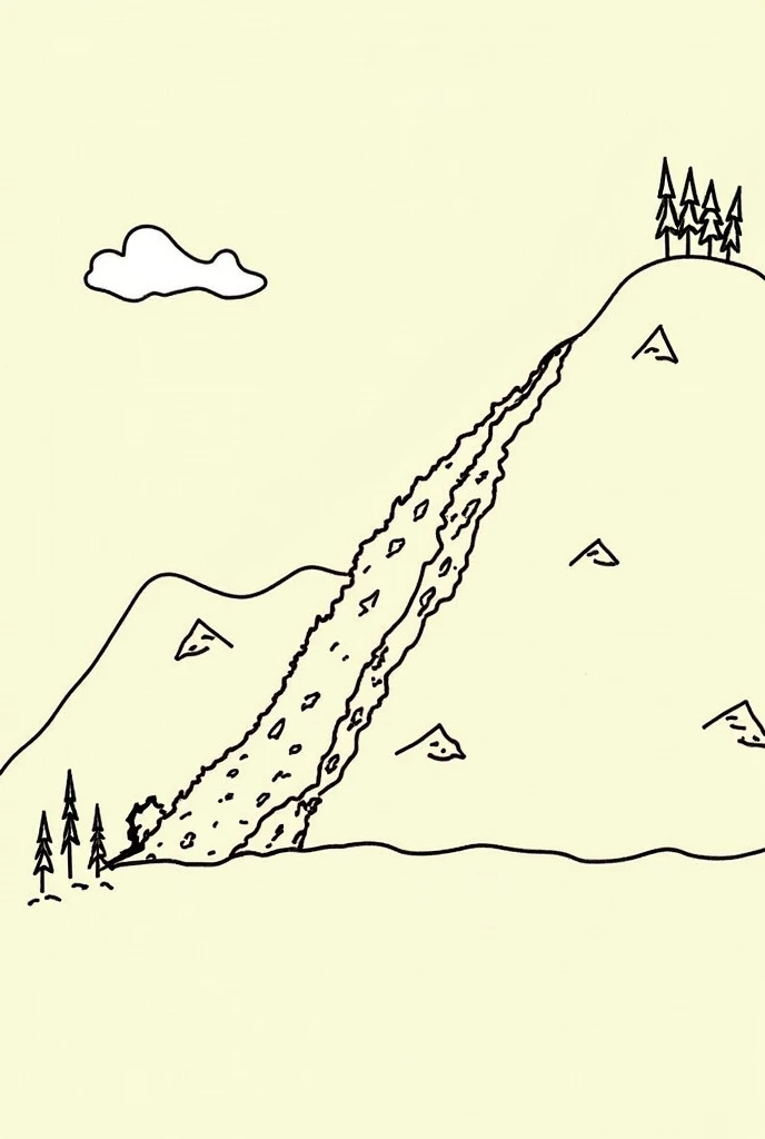 A simple hand-drawn illustration of a landslide, depicting soil and rocks sliding down a hill, with a few uprooted trees and minimal surroundings. The style is basic, using clean lines and solid colors for easy understanding.

