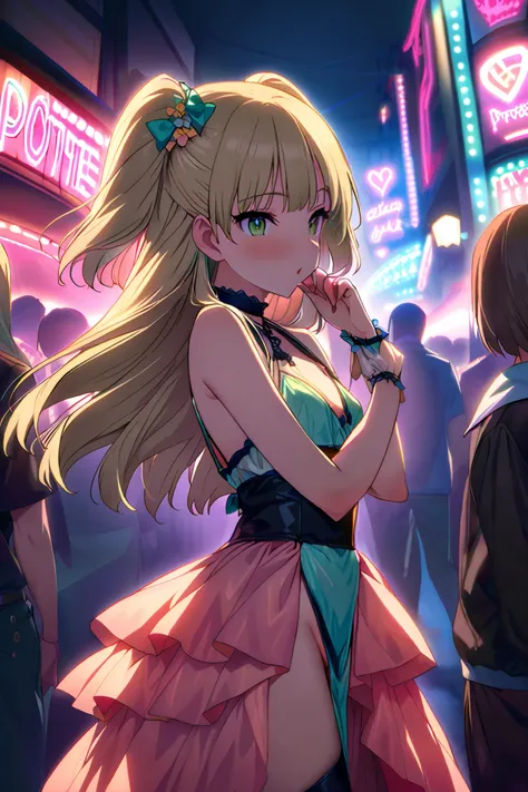 NSFW,masterpiece, best quality, high resolution, very detailed,Rika Jogasaki、Petite、 long hair、 blonde hair、 two side up、bangs、 hair ornament、 green eyes、 small breasts,(Prostitute:1.5),Nightlife, The Shady City 