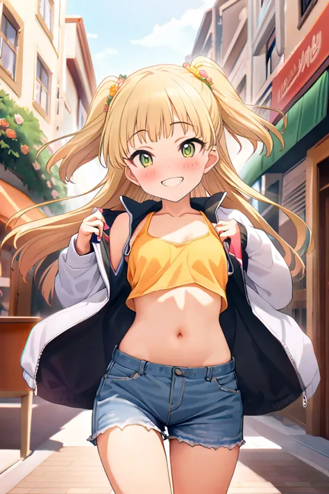 NSFW,masterpiece, best quality, high resolution, very detailed,Rika Jogasaki、Petite、 long hair、 blonde hair、 two side up、bangs、 hair ornament、 green eyes、 small breasts, jacket , tank top, Crop Top , denim shorts that show your stomach just a little,Groin,...