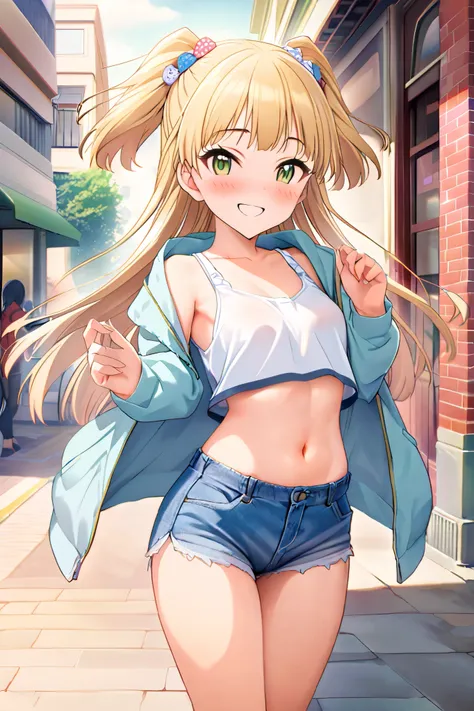 NSFW,masterpiece, best quality, high resolution, very detailed,Rika Jogasaki、Petite、 long hair、 blonde hair、 two side up、bangs、 hair ornament、 green eyes、 small breasts, jacket , tank top, Crop Top , denim shorts that show your stomach just a little,Groin,...
