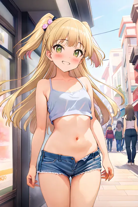 NSFW,masterpiece, best quality, high resolution, very detailed,Rika Jogasaki、Petite、 long hair、 blonde hair、 two side up、bangs、 hair ornament、 green eyes、 small breasts, jacket , tank top, Crop Top , denim shorts that show your stomach just a little,Groin,...