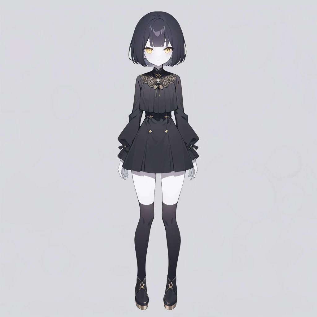 A beautiful witch with short black hair, bob cut, and impressive golden eyes. She has pale skin, a black uniform, wears black stockings, and black shoes, and has an honest and simple personality, but depicts the full body of a beautiful witch who is negati...