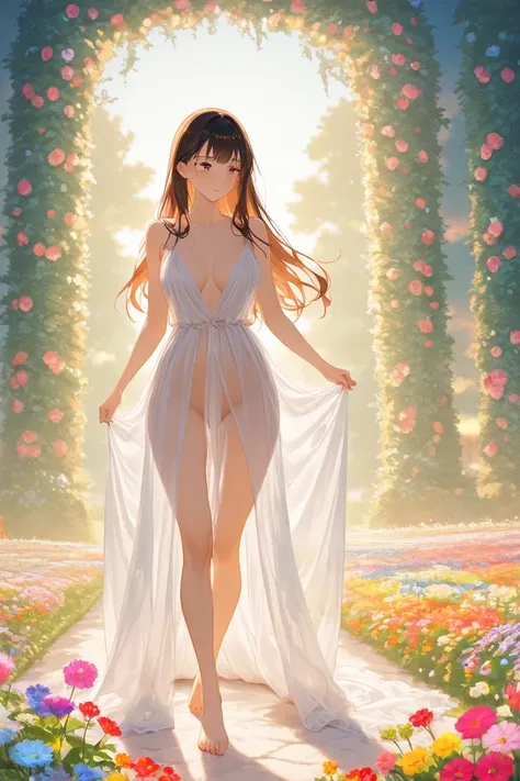 A cute woman (cute, sheer gown no underwear, bare feet) is walking through a colorful flower garden at sunrise, sultry, sensual beauty
