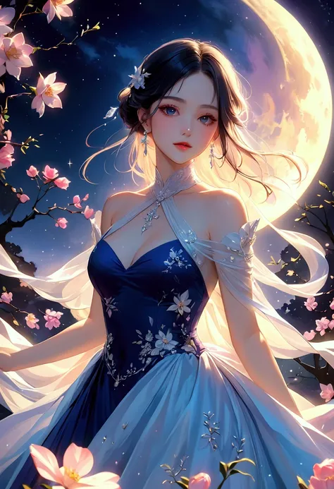 👩💖💖💖( best quality,4K,8k, high resolution,masterpiece),　 A girl standing alone under the stars ,  moonlight and starlight illuminate her silhouette I'm showing .   Her face is of the highest quality  , I closed the , Long, fluttery, dazzling eyelashes,  ex...