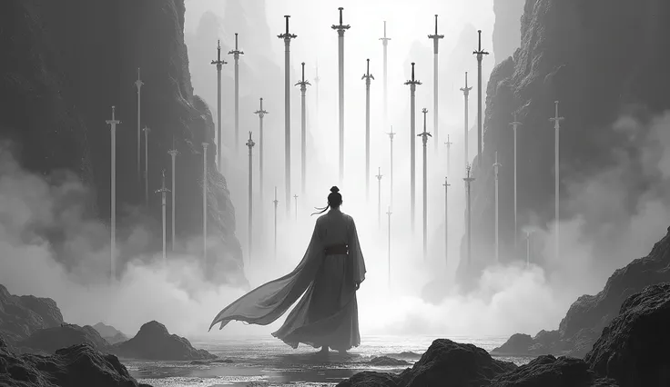 ((masterpiece))，(最 High Quality ))， Distant Scenery， Twenty swords were floating in the air，Sword Rain，Young Taoist monk，Infinite Sword System，Glow effect，  ultra-realistic  ，Hyperrealistic，Chinese black and white ink style，Black and White，Decolorization， ...