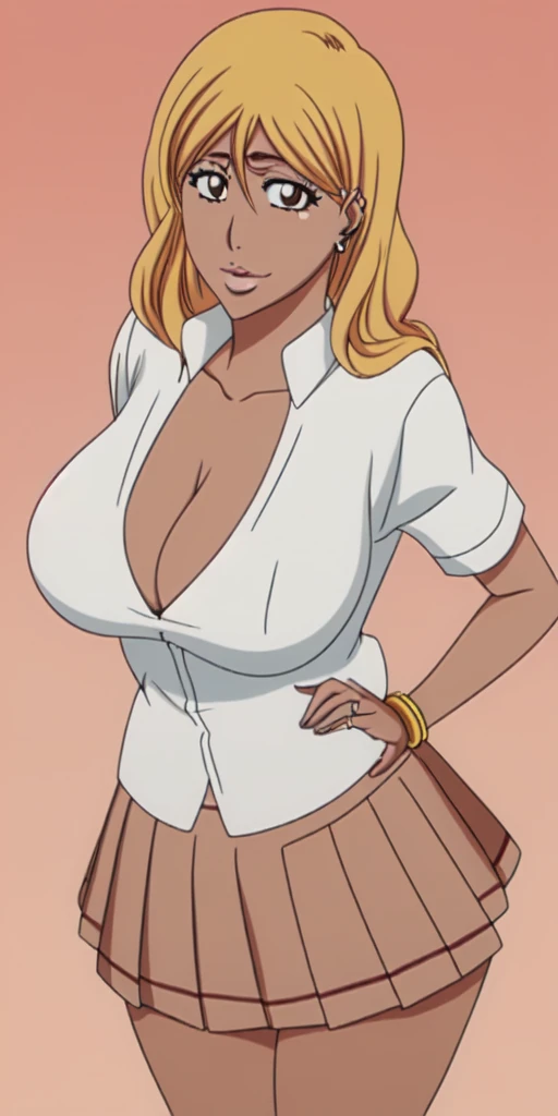 Orihime Inoue,Bleach artstyle,Big breast,((Enchanted big breast)),((((plain white school uniform loose cleavage and grey skirt)))),Curvy figure,Plump,Hoopa bracelet,blue Long nail,look at viewer,(((bright yellow blond color hair))),((head facing front)),Hi...