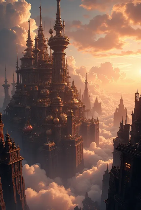 (Fantasy steampunk flashy, cool, gorgeous, magical steampunk, a gorgeous, huge, flashy station in the sky of a huge metropolis)(Big city lots of metal  、brass、gear、 Steam engine  ,  Picture from the side、 beautiful sunrise、  