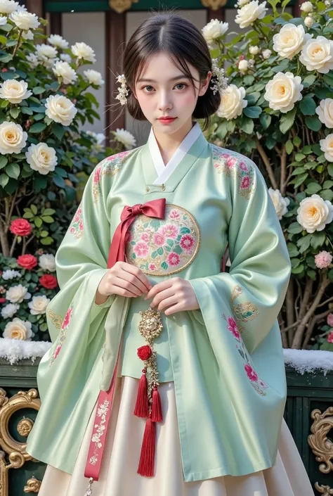 1 cute girl, glamour, A princess wearing a princess hanbok stands in the garden of the Joseon Dynasty palace in the snow. FEMININE GOTHIC AESTHETICS, Close up details, Detail shot, clear details,  ARTY LOVE BLOW STYLE, Silkscreen Art, close-up pictures, ve...