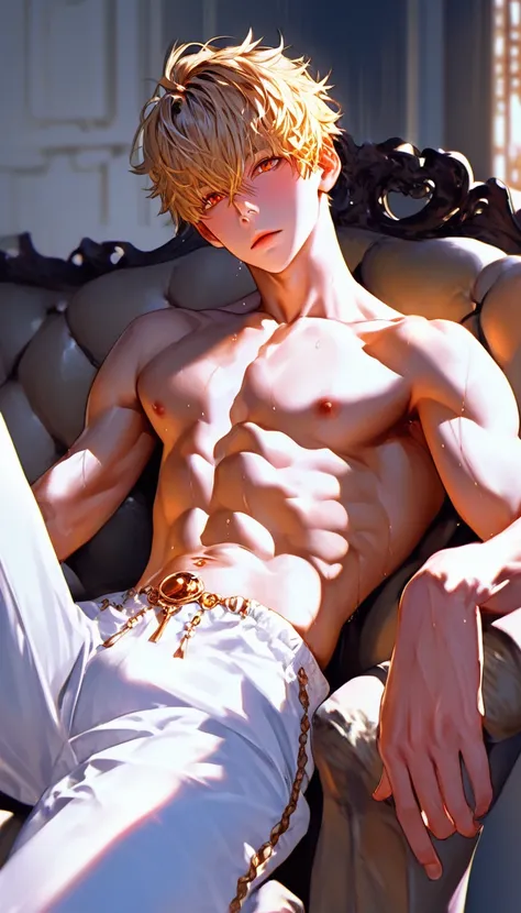 A male，  Blonde Hair ，prince， with a sparkling crown，High-end， from the room ，On the bed，fitness， sit-up position on a chair sofa，Head perspective ，look up， young and energetic， Good condition ，Very handsome脸瓜子脸，White luxury costume set ， gold jewelry ，  W...