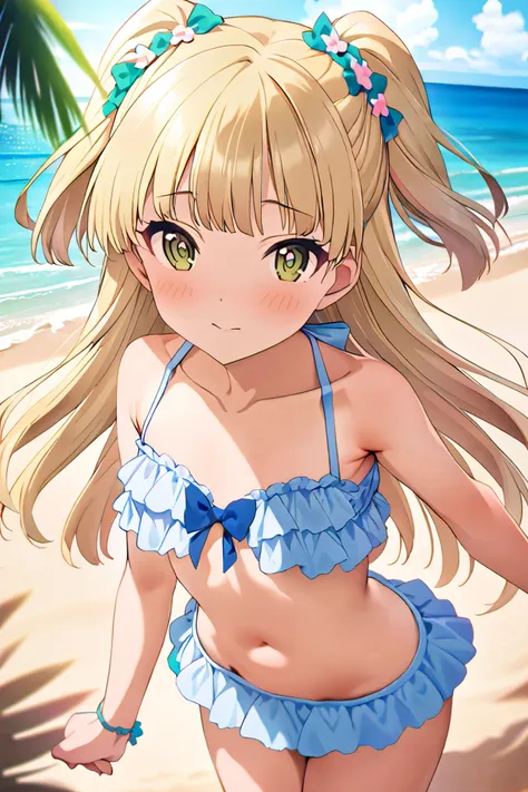 NSFW,masterpiece, best quality, high resolution, very detailed,Rika Jogasaki、Petite、 long hair、 blonde hair、 two side up、bangs、 hair ornament、 green eyes、 small breasts, Frilled Bikinis ,beach, palm trees