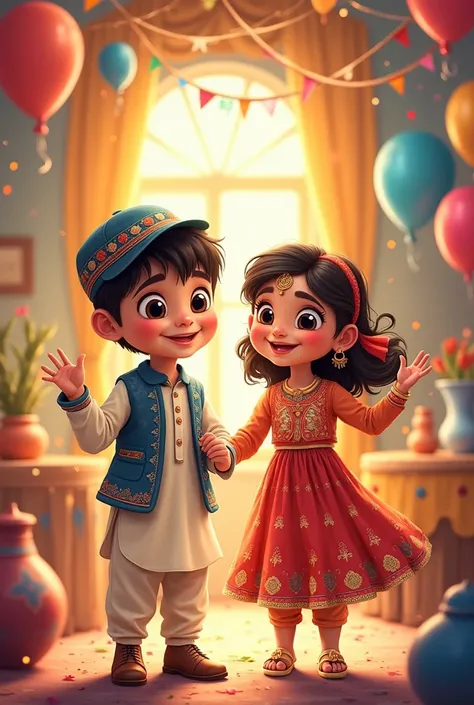 
"A vibrant and lively illustration of a young Pashtun boy and girl, around 3 to , dressed in colorful traditional Pashtun attire. The boy wears an embroidered vest, a traditional cap, and light-colored shalwar kameez, while the girl is in a beautifully de...