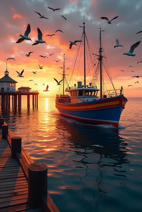 colorful fishing boat, returning to the pier, with hundreds of seagulls flying around it, sunset, photo quality, hyperrealism, close-up.