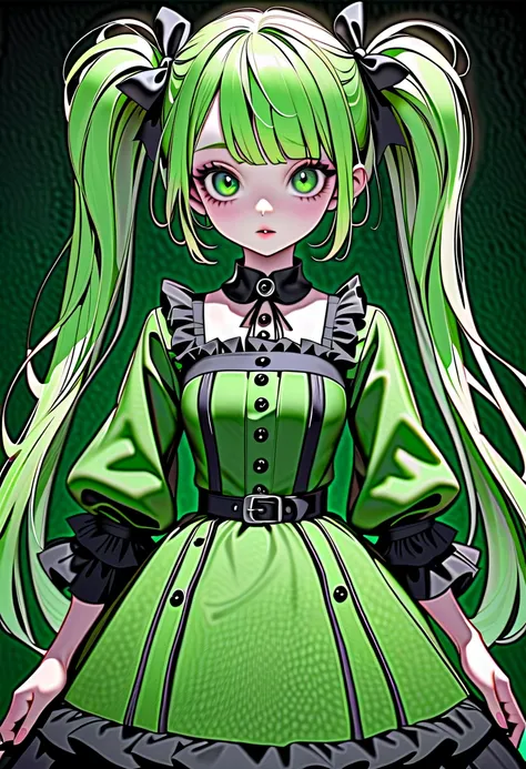 High Definition, masterpiece, Accurate, top quality, High Definition model, high detail, (Tim Burton style, Accurate, Dark, The textures are soft, matte and toy-like), (top-quality), (masterpiece), green eyes,green lolita fashion, green hair, twin tails, L...