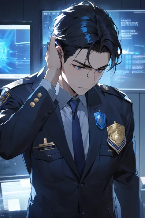 Adult male 1, Tired eyes, short black hair covering the forehead,
 navy suit and a gold police badge , 
Modern police station interior , blue magic hologram screen on wall