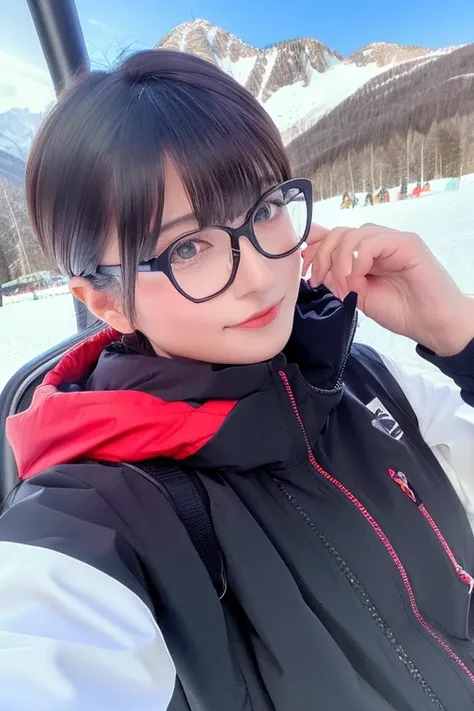 short dark hair, half body shot, realistic, naughty, licking lips, rimless glasses, ski resort, ski wear, riding a ski lift at a ski resort, masterpiece, best quality, 8k, super detail, 